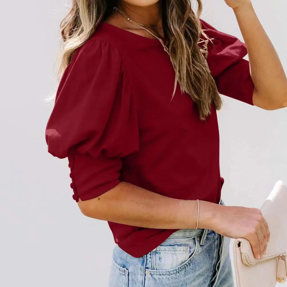 

Women Blouse OL Style Commute Women T-shirt Summer Pleated Top O Neck Patchwork Lantern Sleeves T-shirt Breathable Tee 80%