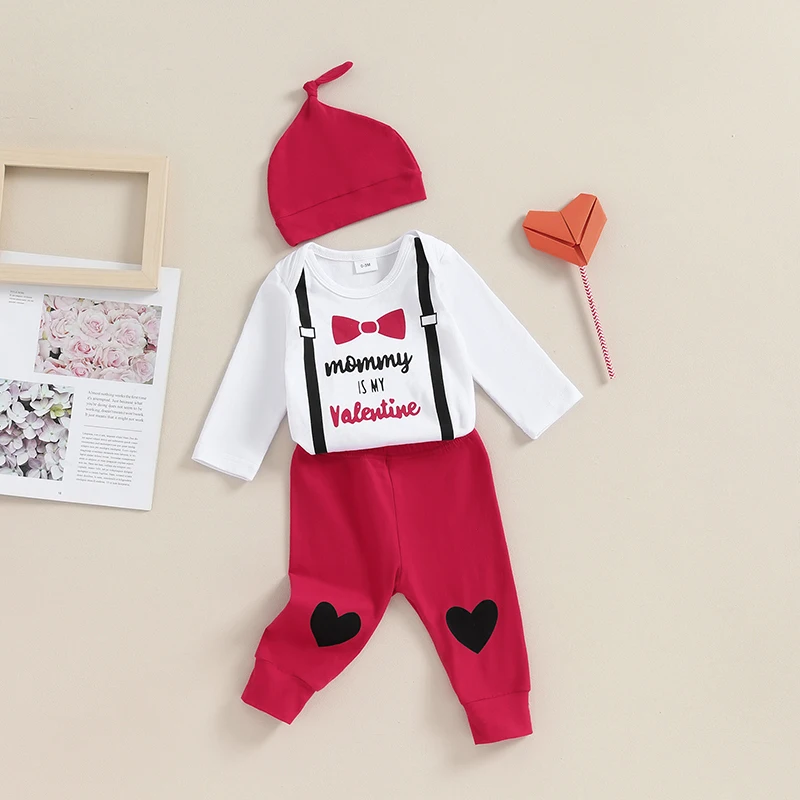 Baby Boy Valentine s Day Clothes Mommy is My Valentine Long Sleeve Romper with Pants and Hat Outfit