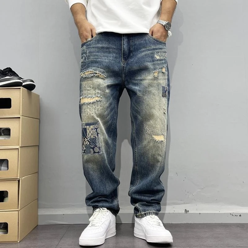 

American European New Fashion Men's Vintage Spliced Hole Patched Casual Trendy Loose Straight Jean Trousers Male Denim Pants