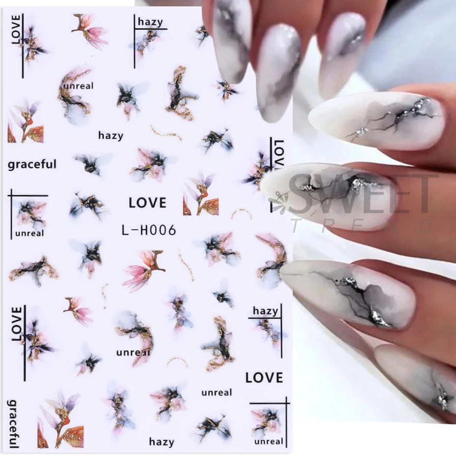 Glitter Marble Butterfly Nail Sticker Gradient Bloom Flower Rose Irregular Line Color Block Metallic Foil 3D Manicure Decoration