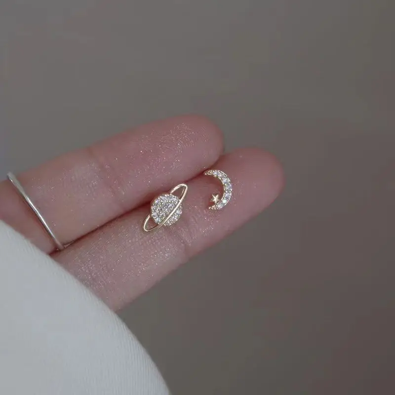 Simple Piercing Stud Earrings for Women Star Moon Zircon 925 Silver Needles Tragus Cartilage Asymmetry Pendiente Plata Jewelry