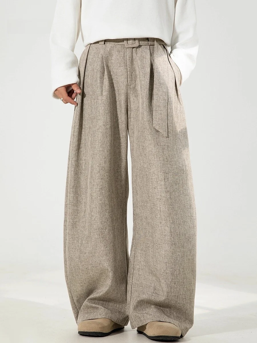 Cleanfit Casual Men's Autumn Pants Loose Waist Belt Drapey Loose Straight Leg Trousers Fashionable Classic Style