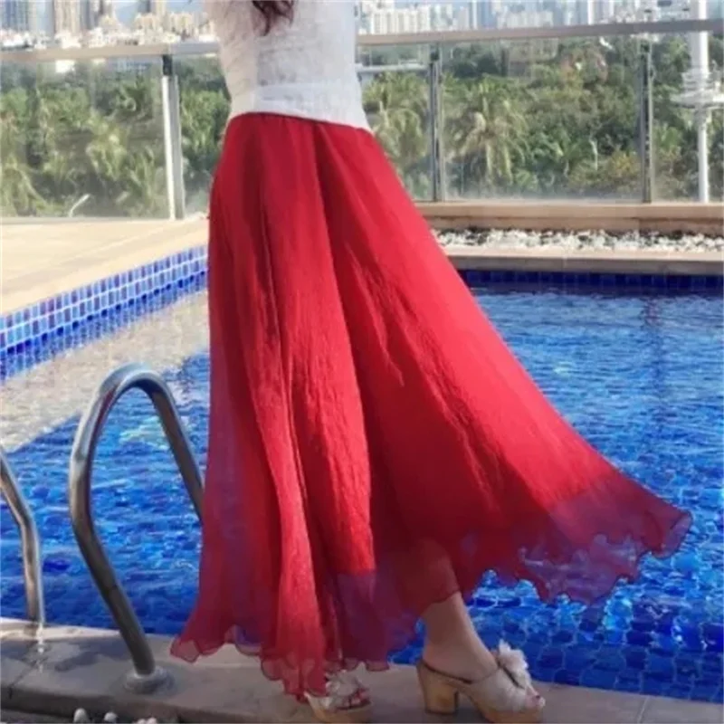 High-grade Double Layer Skirts Spring Summer Elastic High Waist Large Swing Gauze Chiffon Skirt  A-line Pleated Long Beach Skirt