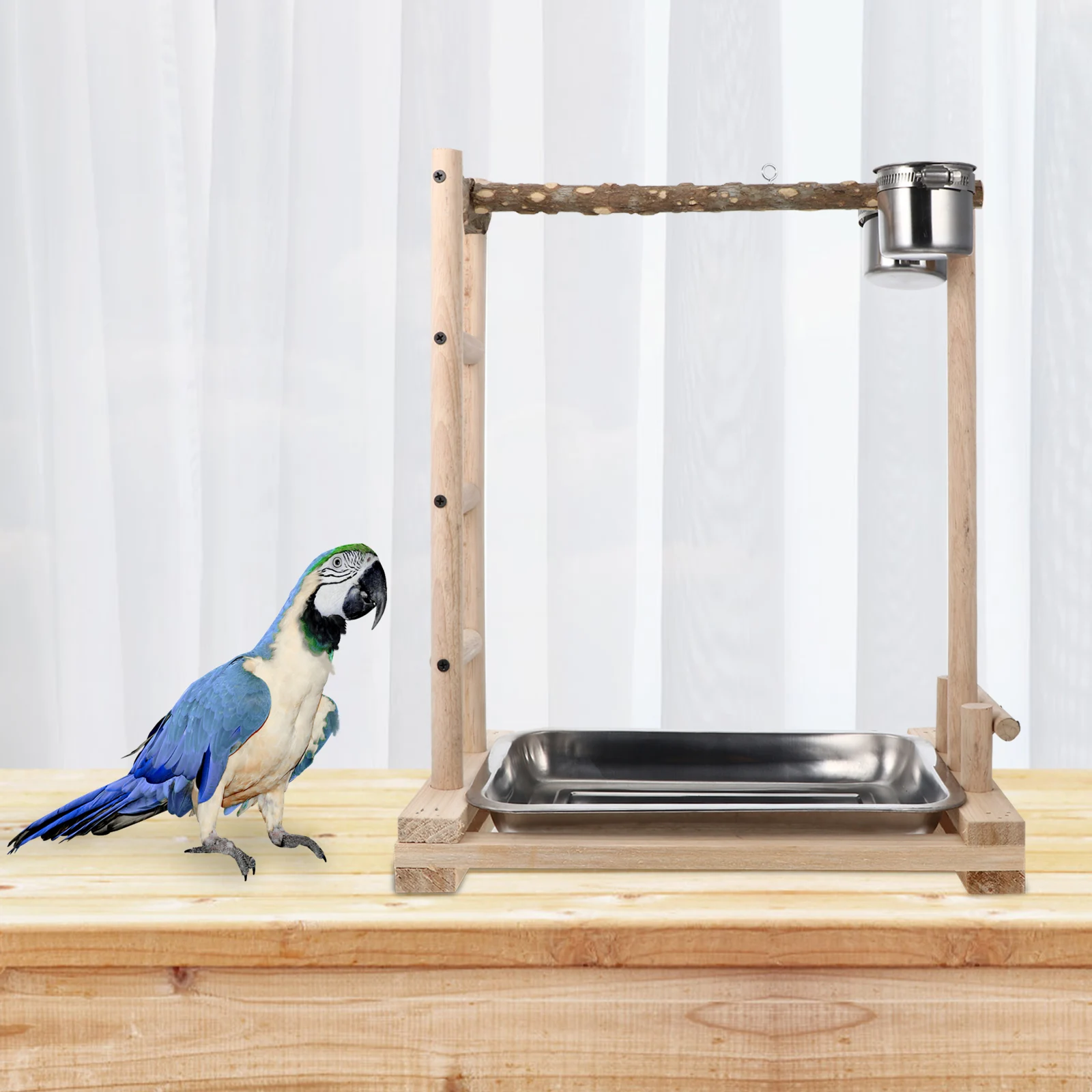 

1pc Stainless Steel Bird Feeder Durable Pet Parrot Food Box Ladder Wooden Color Cage For Chewing Play Safe Environment
