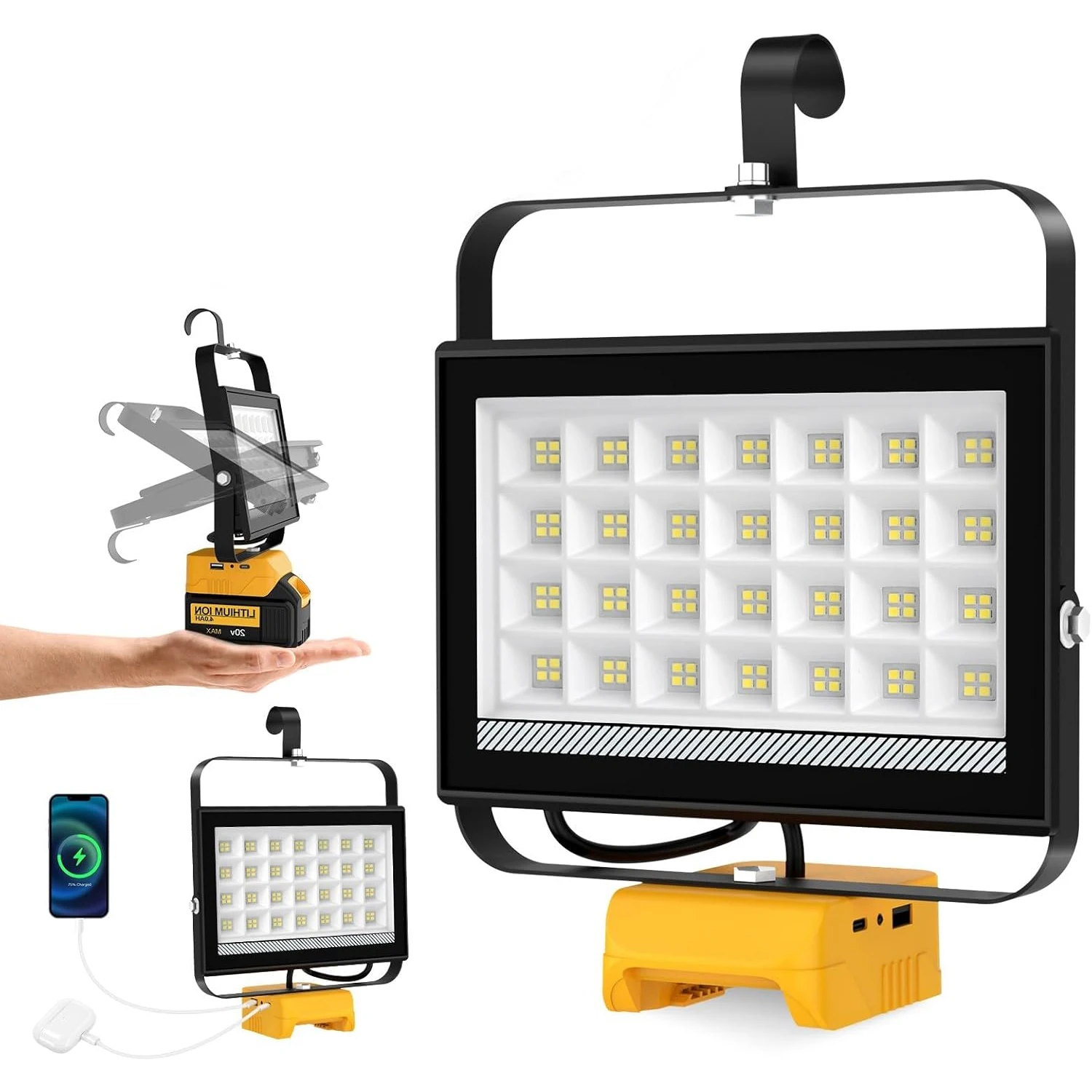 48W/60W/100W Portable LED Work Light Rechargeable LED Flood Light for Dewalt 18V-20V Li-ion Battery Cordless Work Light 6000k