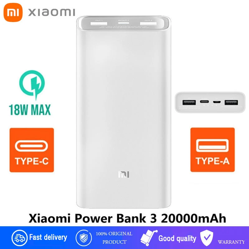 Xiaomi Power Bank 20000mAh 18W Powerbank  Fast Charging for Laptop Mobile Phone 3 Ports Output USB Type C External Battery