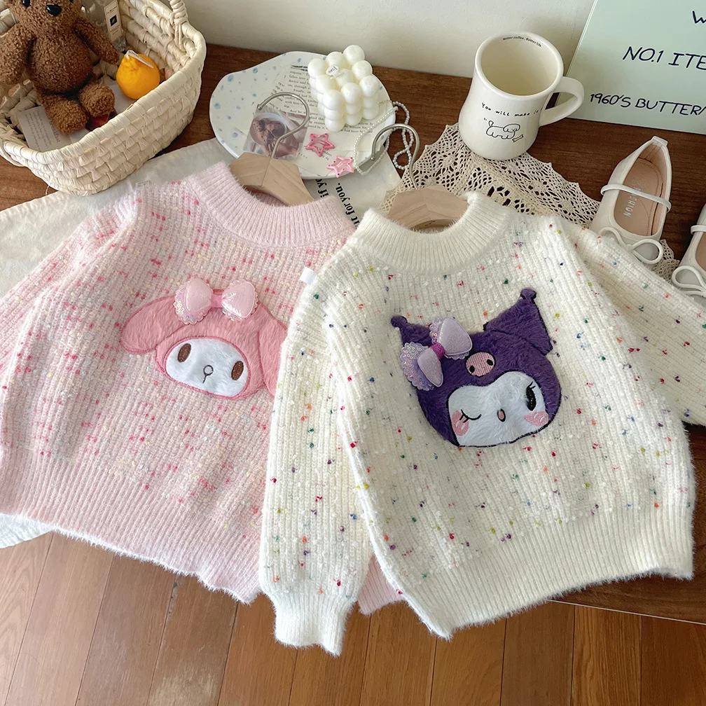 Kawaii Kuromi My Melody Sanrio Kid Girls Bow Sweater Warm Pullover Anime Cartoon Cute Children Knit Long Sleeve Thick Tops Gifts