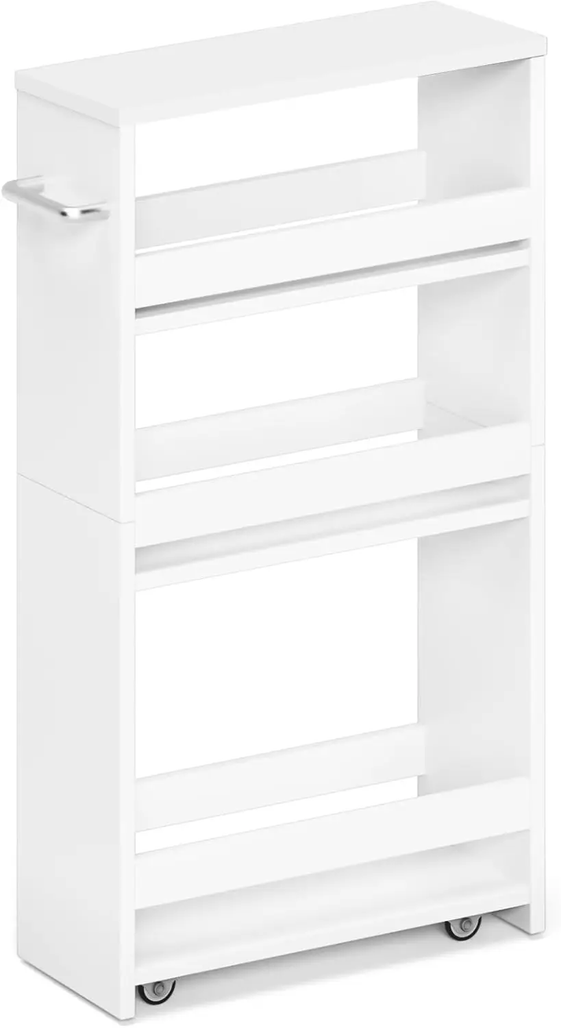 

White Slim Storage Cart with Wheels, 4 Tier Rolling Utility Cart with Handle Slide Out Shelving Unit Organizer Trolley