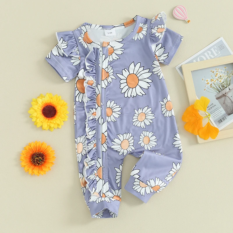 Baby Girls Jumpsuit Short Sleeve Crew Neck Flower Print Zipper Closure Casual Romper Clothes