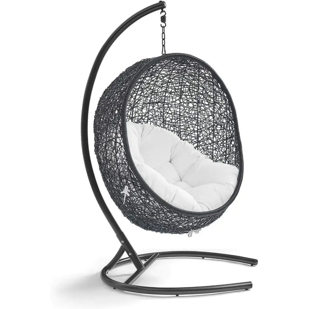 

White Outdoor Porch Egg Swing Chair with Stand, Rattan Wicker Lounge