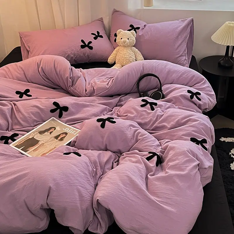 INS Bowknot Duvet Cover Solid Color Bed Linens Pillowcases Luxury Purple Black Bedding Set For Girls Woman Decor Home