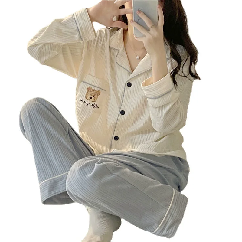 Pajamas Women\'s Autumn and Winter Cardigan Sweet Simple Student Cute Cartoon Spring Loungewear Set