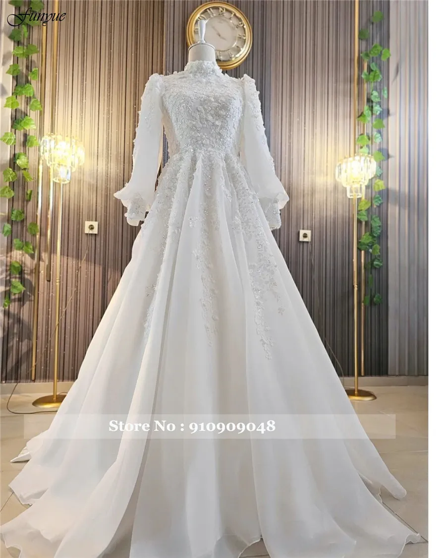 Funyue France Lace Muslim Plus Size Wedding Dresses for Bride Full Sleeve High Neck A-Line Dubai Bridal Gowns Vestido De Novia