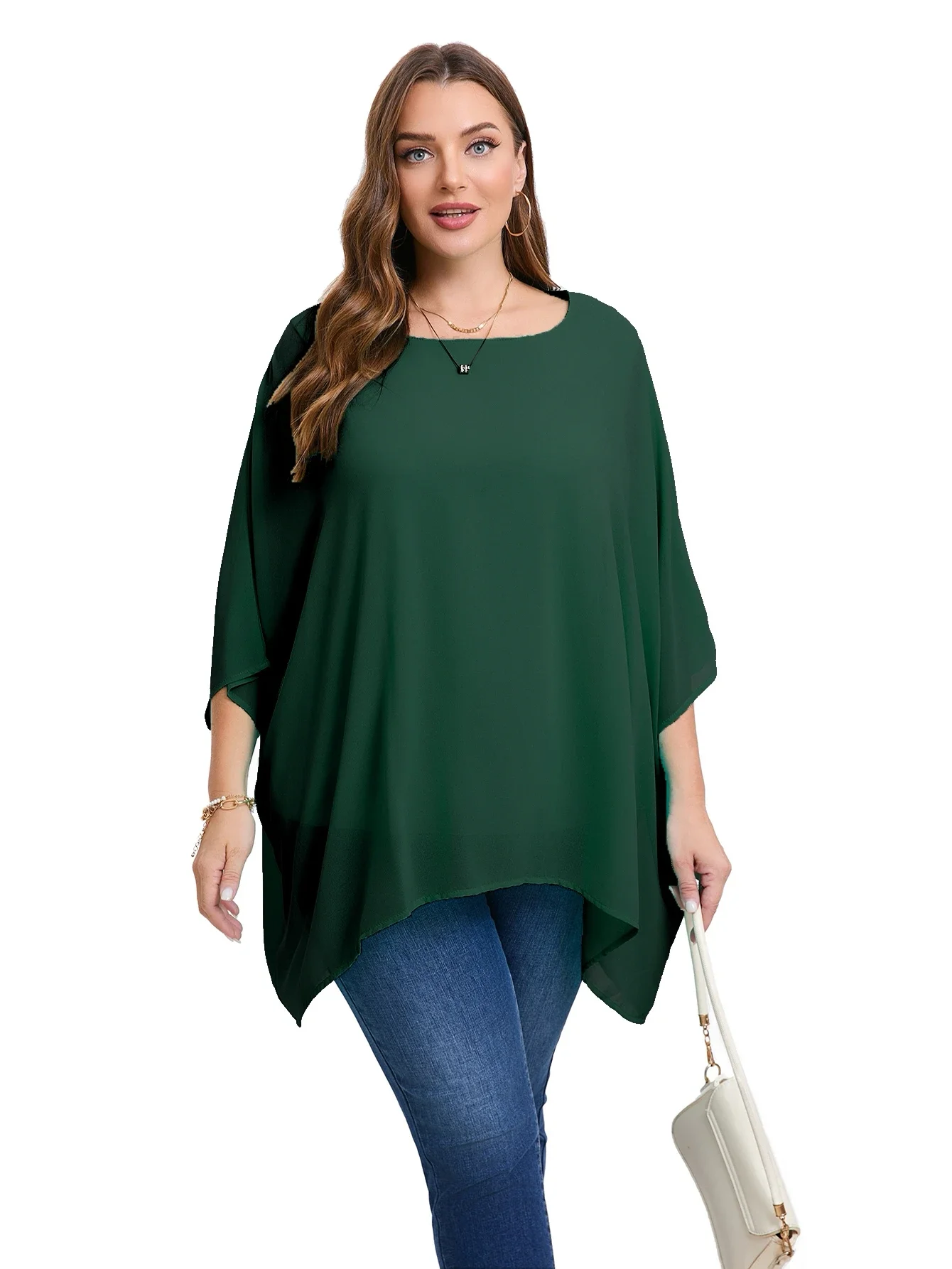 Womens Plus Size Elegant Summer Blouse Batwing Sleeve Oversized Chiffon Blouse Scoop Neck Large Size Casual Tunic Top Shirt 5XL