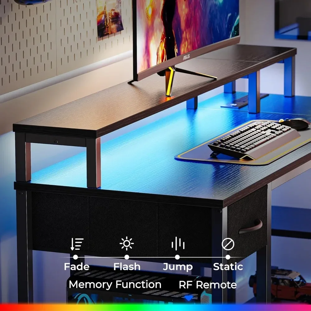 Bureau réversible en forme de L avec lumières LED et prises de courant, bureau d'ordinateur avec étagères et support de moniteur, 53 pouces