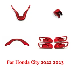 ABS Plastic Red For Honda City 2022 2023 Garnish Interior Accessories Car Inner Door Handle Gear Shift Knob Steering Wheel Cover