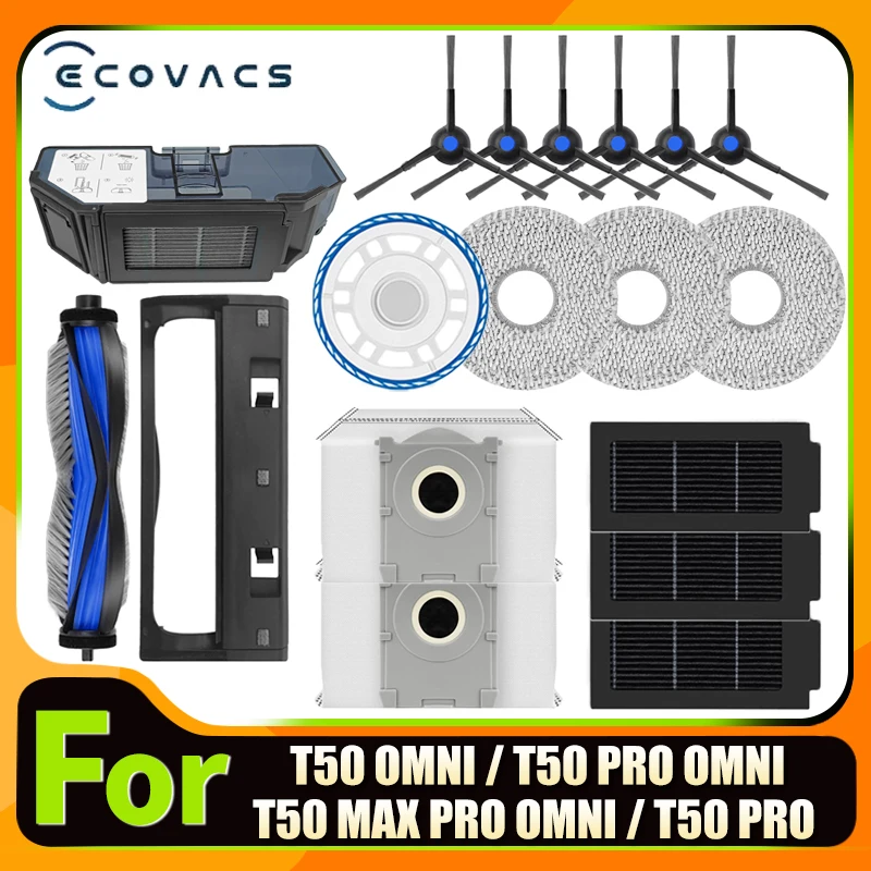 

Запасные аксессуары для робота-пылесоса ECOVACS T50 PRO OMNI / T50 OMNI: основная роликовая щетка, салфетка для влажной уборки, боковая щетка, мешок для сбора пыли, HEPA-фильтр.