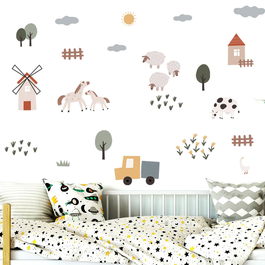 Boho Watercolor Cartoon Cows Farm Animal Car Vinyl Wall Sticker Removable Decals Kids Nursery Baby Bedroom Home Decor