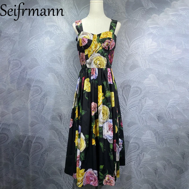 Seifrmann 2026 Summer Women's clothing New Fashionable Suspenders Cotton Printed Waist cinching Long Dress