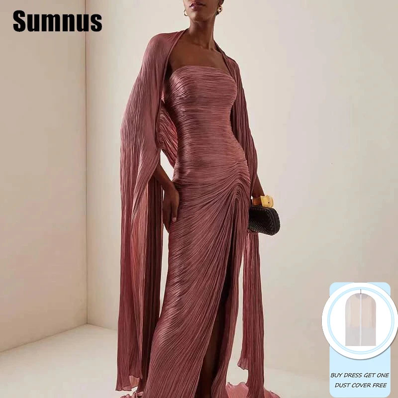 

Sumnus Classic Mermaid Prom Dress Strapless With Cape Pleats High Slit Party Dresses Evening Dress With Train Customized