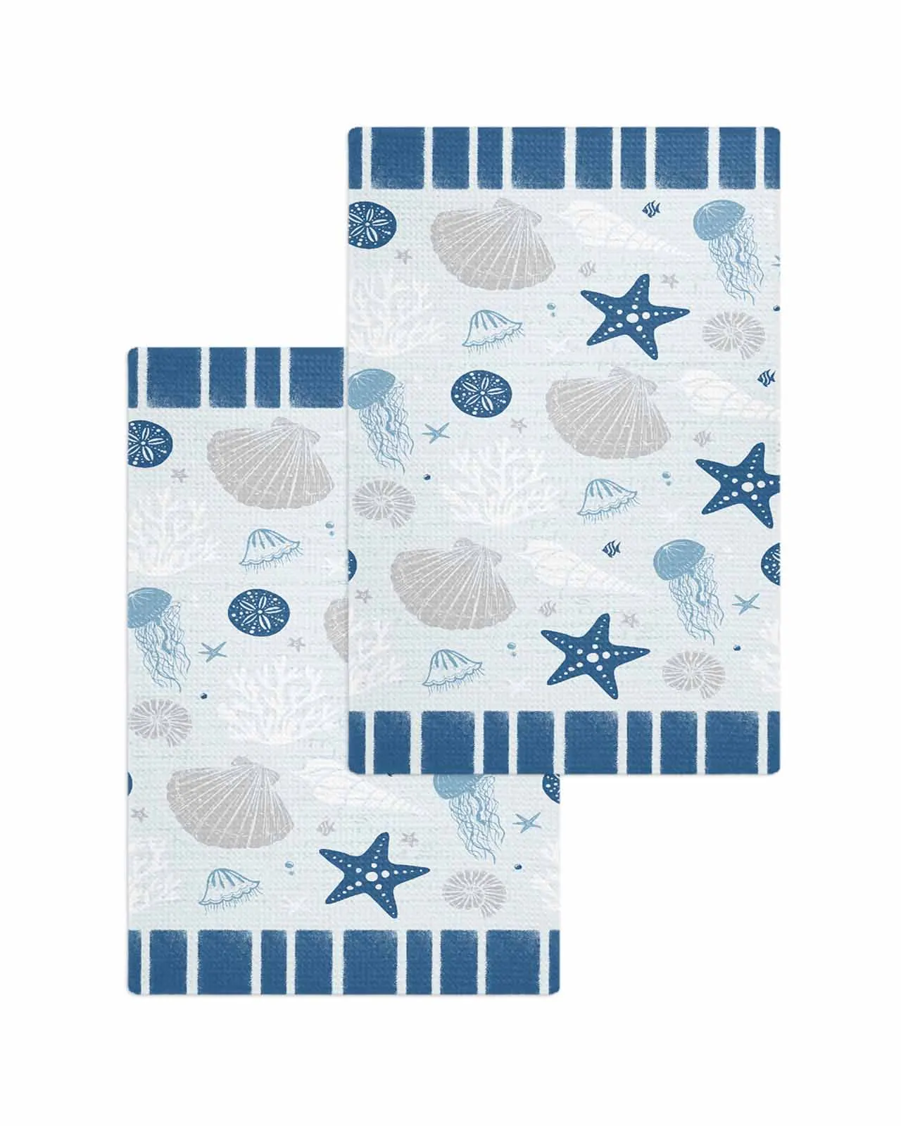 Starfish Shell Jellyfish Coral Conch Blue 30*30cm Waffle Microfiber Kitchen Towel Soft Cleaning Cloth Scouring Pad Wiping Rag