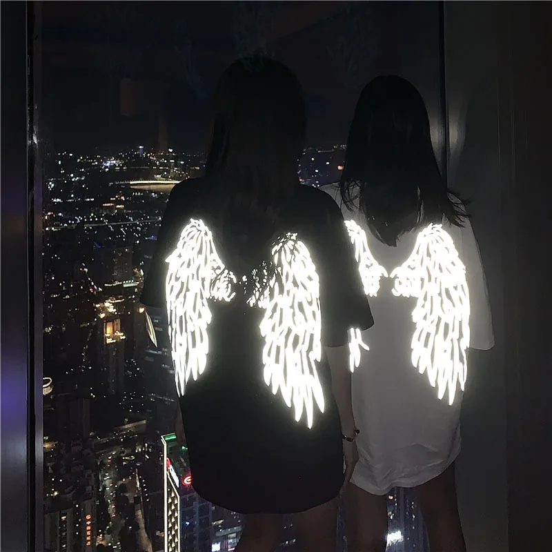 Reflective T-shirt Men's Chic Tops O Neck Short Sleeve T-shirt Reflective Wings Pullover Unisex Undershirt Couple Clothing