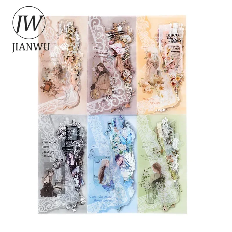 JIANWU Romantic Long Series Vintage Character Flower Lace Landscaping Material Collage PET Sticker Creative Journal Stationery