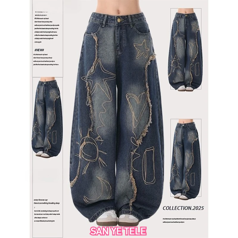 

American Vintage Embroidery Graffiti Frayed Jeans Women Washed Curved Knife Denim Pants Y2k Oversized Casual Loose Wide Legs