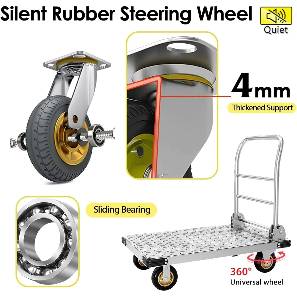 عربة دفع شديدة التحمل مع سعة 2000 رطل، عربة مسطحة متحركة قابلة للطي مع عجلات دوارة مقاس 6 بوصات من الفولاذ الكبير