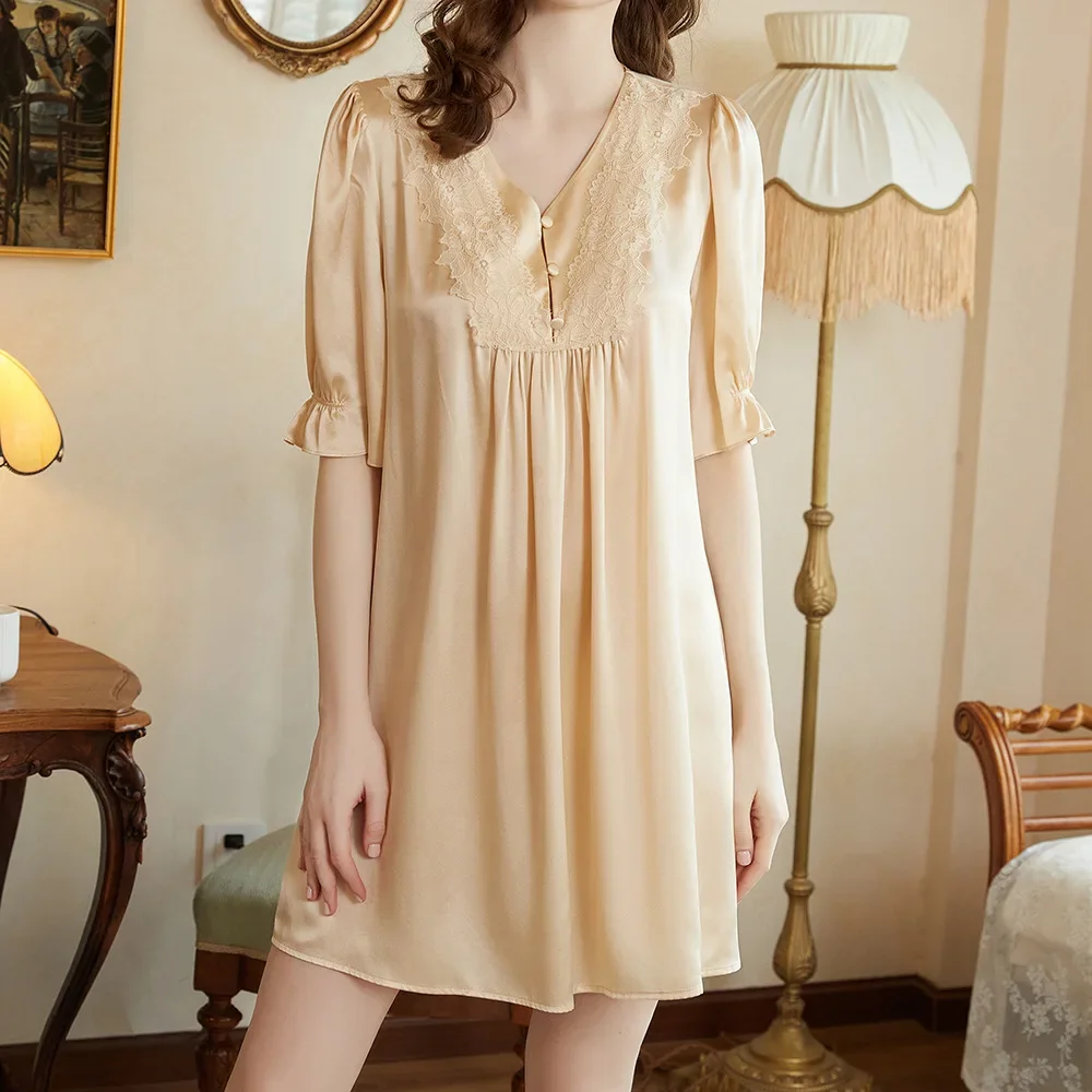 

Plus Size Summer Short-sleeved 19MM Silk Nightgown Pajamas French Solid Loose Casual 100% Mulberry Silk Elegant Sexy Nightdress