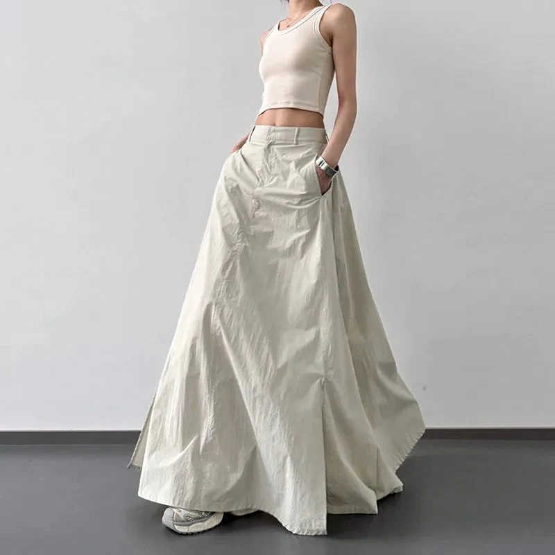

Retro Slit Women Cargo Skirts Summer High Waist Streetwear Midi Skirts Y2K American Chic Hip All Match Folds A Line Skirt Mujer
