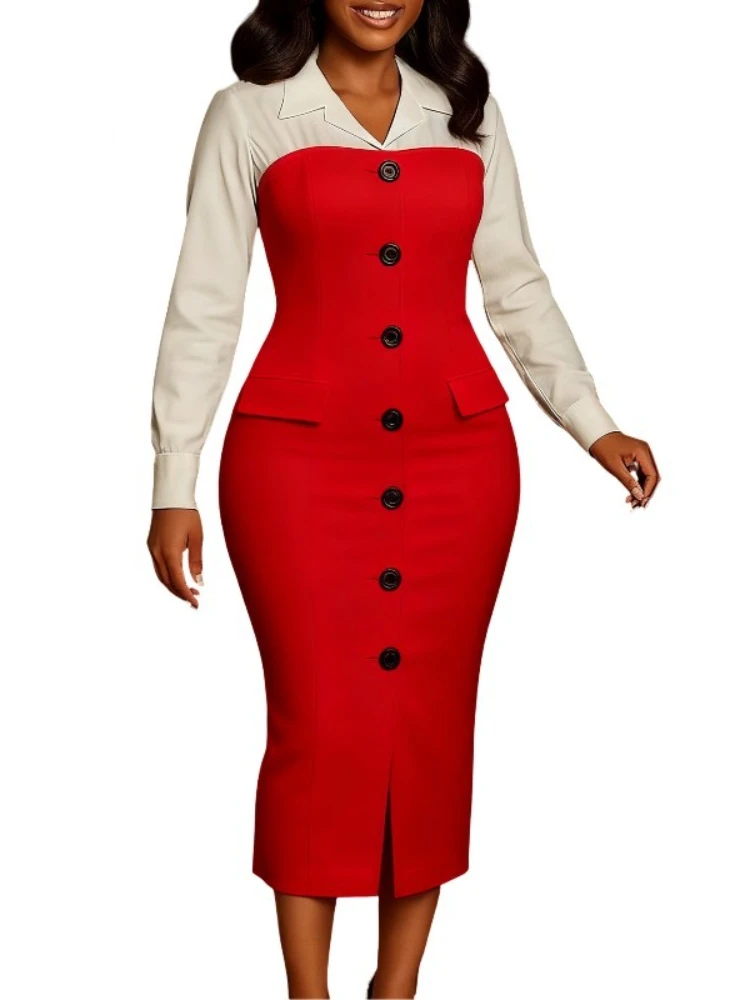 

Осенне-зимняя женская мода, профессиональный костюм с длинными рукавами, воротник, сумка на бедрах, юбка-карандаш, внешняя торговля, платье 2025