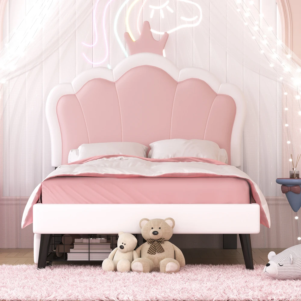 Soft padded platform princess bed with crown headboard and footrest, and 2 drawers Maximized space High Load Capacity