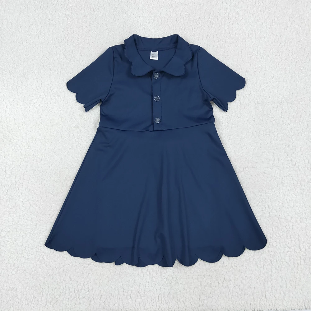 

Baby Girls Navy Short Sleeves Button Knee Length Yoga Dresses Kids Polo Athletic Dress Outfit