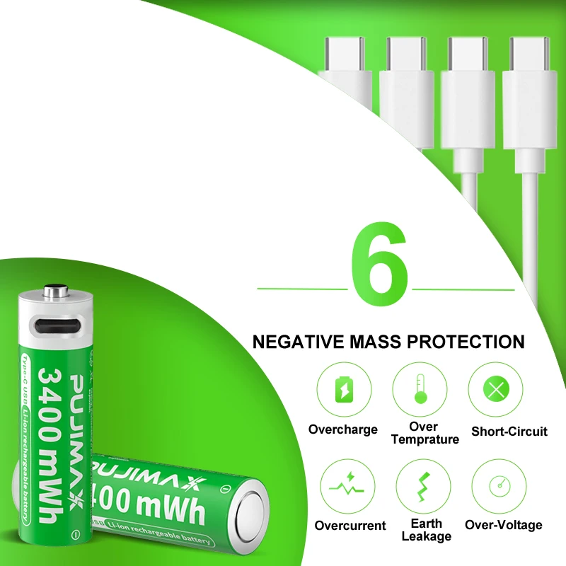 PUJIMAX 1.5 فولت AAA/AA 3400mWh 1100mWh بطارية قابلة للشحن USB نوع-C بطارية ليثيوم أيون قابلة للشحن للتحكم عن بعد الألعاب الكهربائية