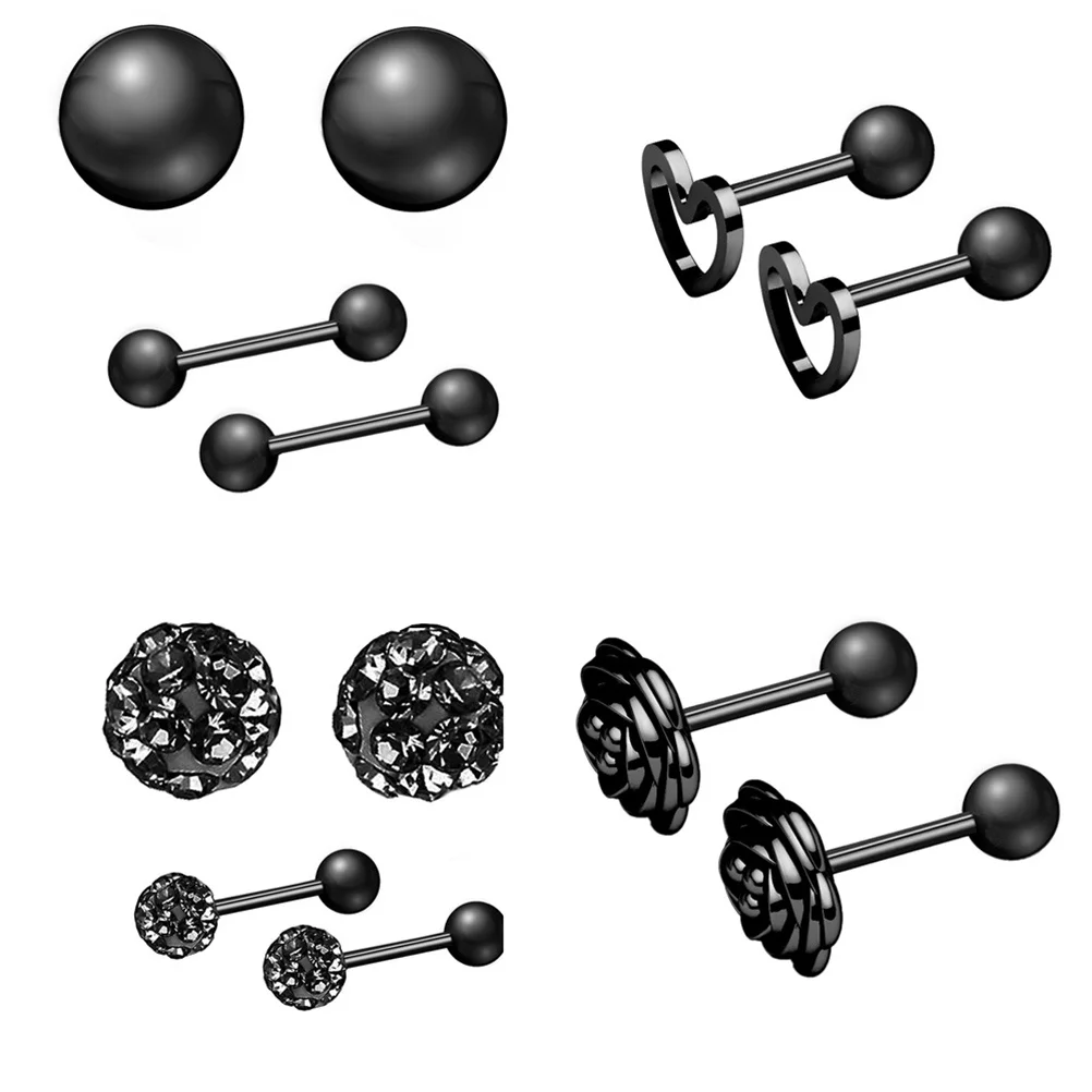 

10Pairs Stainless Steel Puncture Jewelry Set Unisex Zircon Earrings Tongue Lips Eyebrows Nails Navel Piercing Jewelry Black