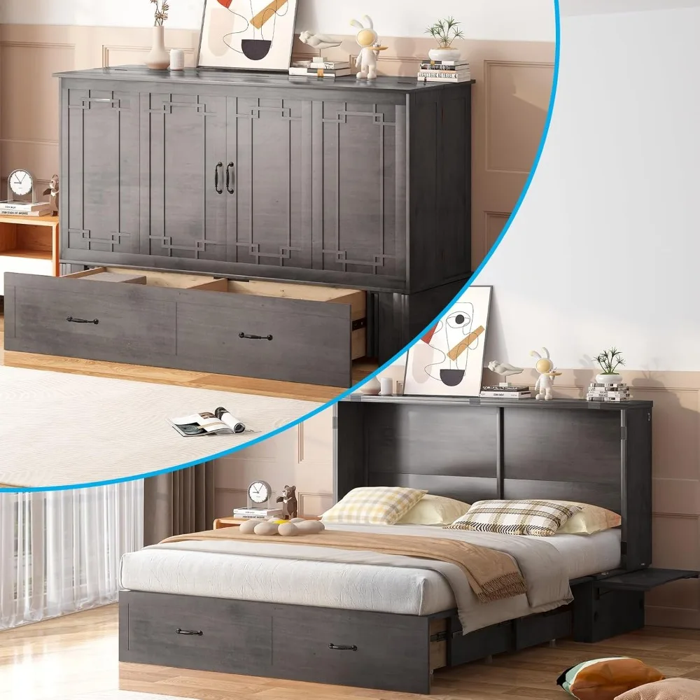 Queen Size Bed with USB Charging Station | Modern Cabinet Bed with Tri-fold with 2 Drawers for Bedroom | Guest Room | Office