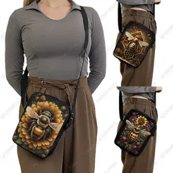 Golden Bee with Flowers Print Crossbady Bag Fantasy Honey Bee Women Handbag Key Phone Holder Portable Messager Shoulder Bag