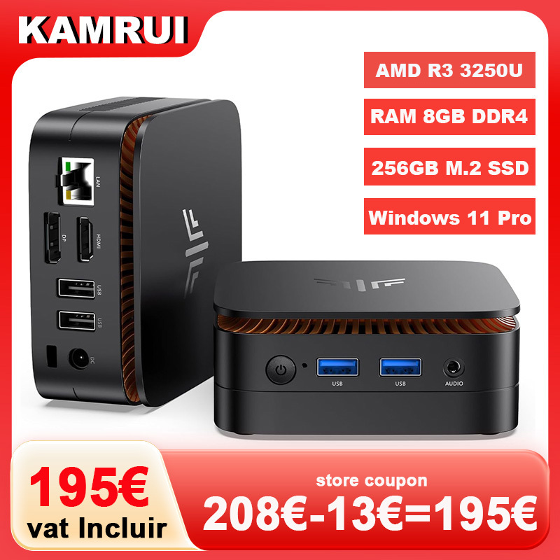 KAMRUI Mini PC AMD Ryzen 3 3250U 8GB DDR4 256GB M.2 SSD Windows 11 Pro WiFi5 Dual 4K Display Desktop Computer for Office Busines 