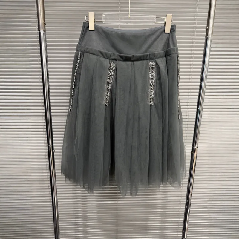 ANJY Summer New Women Dark Style Elegant Fashion Diamonds Mesh Patchwork A-Line Skirt Trend Casual High Street Ins Skirts A23802