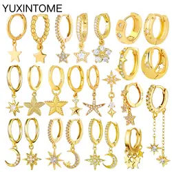 925 Silver Needle Star Hoop Earrings for Women Five-pointed Star and Moon Pendant Huggie Earrings Fashion Party Jewelry Gift