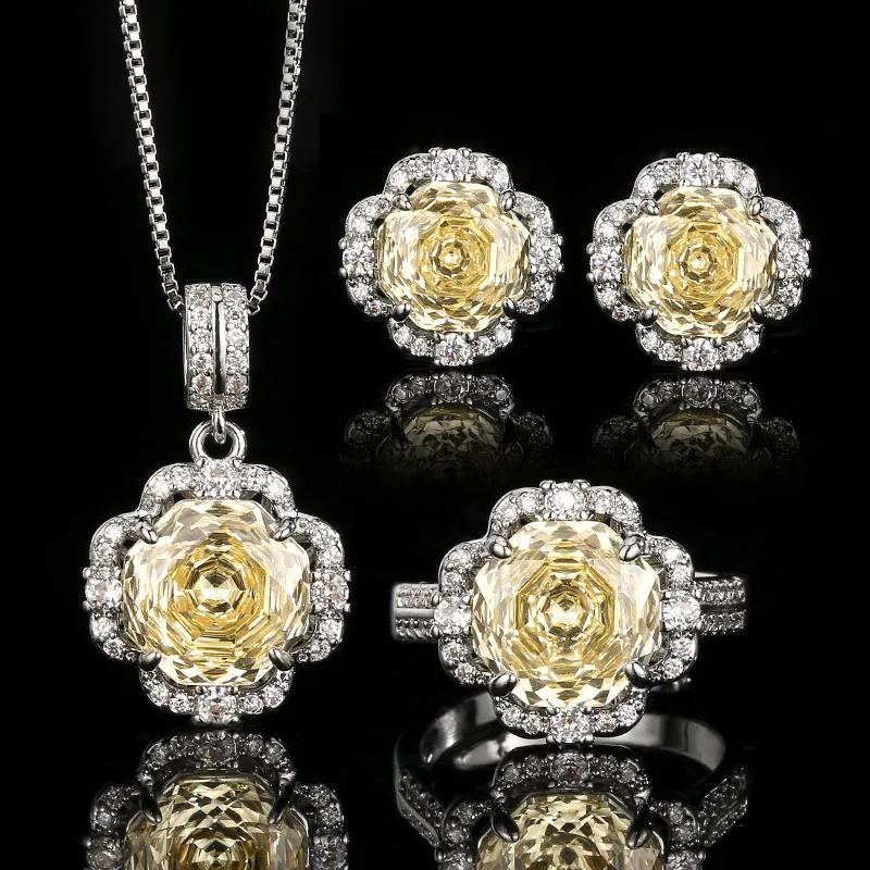 Luxury Yellow Citrine Octagonal Flower Jewelry Adjustable Ring Pendant Necklace Earrings Crystal Wedding Bridal Gift for Women