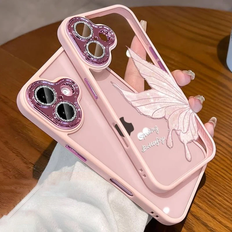 Pink butterfly Clear Phone Case for iPhone 11 12 13 14 15 16 17 Pro Max Cases Cute Gilrs Transparent Cover Soft Funda Carcasa