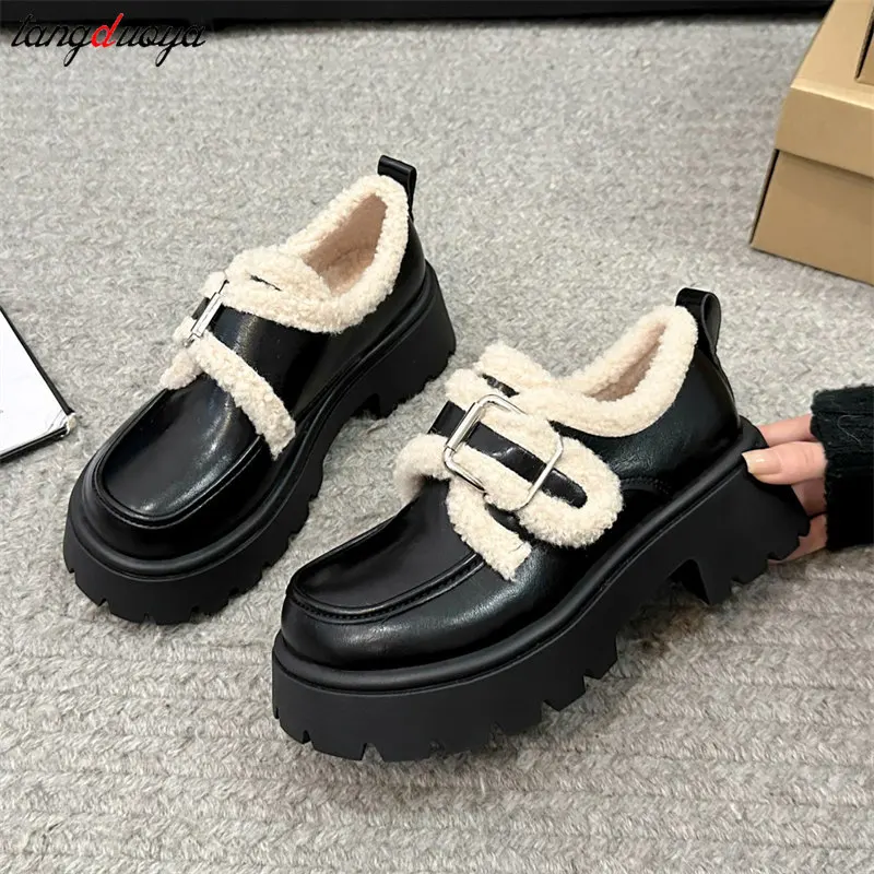 Herfst/Winter Britse stijl kleine leren schoenen Student Nieuwe preppy stijl Oxfords schoenen Vintage pluche warme katoenen schoenen voor dames