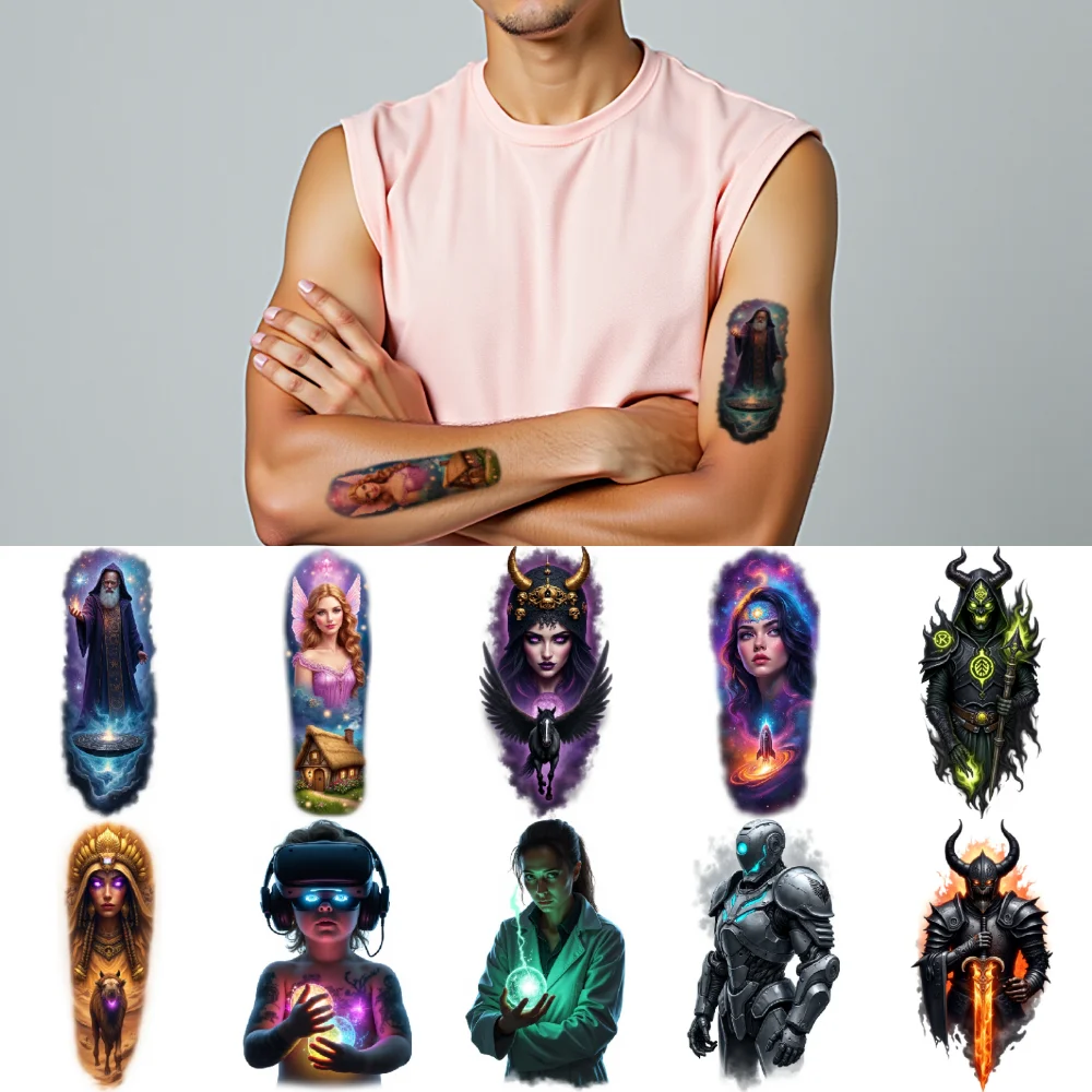 

9 шт., временные татуировки, водонепроницаемые долговечные наклейки для тела, инопланетянин существо, темный ангел, фигурка с капюшоном для мужчин, рук, плеч