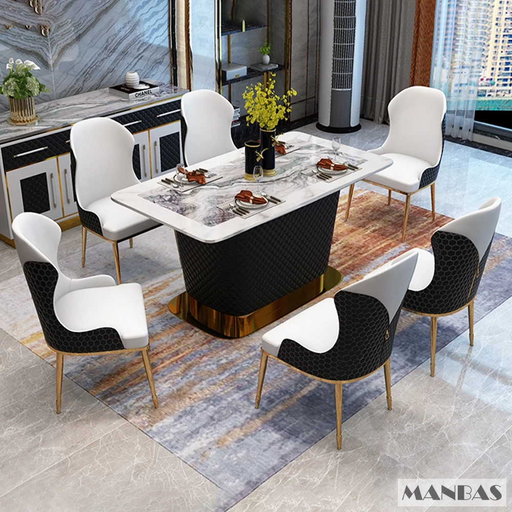 MANBAS eleva la tua sala da pranzo con Set di tavoli in marmo con 6 sedie in pelle e Design in acciaio inossidabile/mobili da cucina