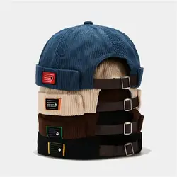 Retro czapka typu Beanie Unisex czapka w jednolitym kolorze Streetwear Hip Hop bez ronda czapki Vintage sztruksowe czapki dla mężczyzn z regulowaną kopułą