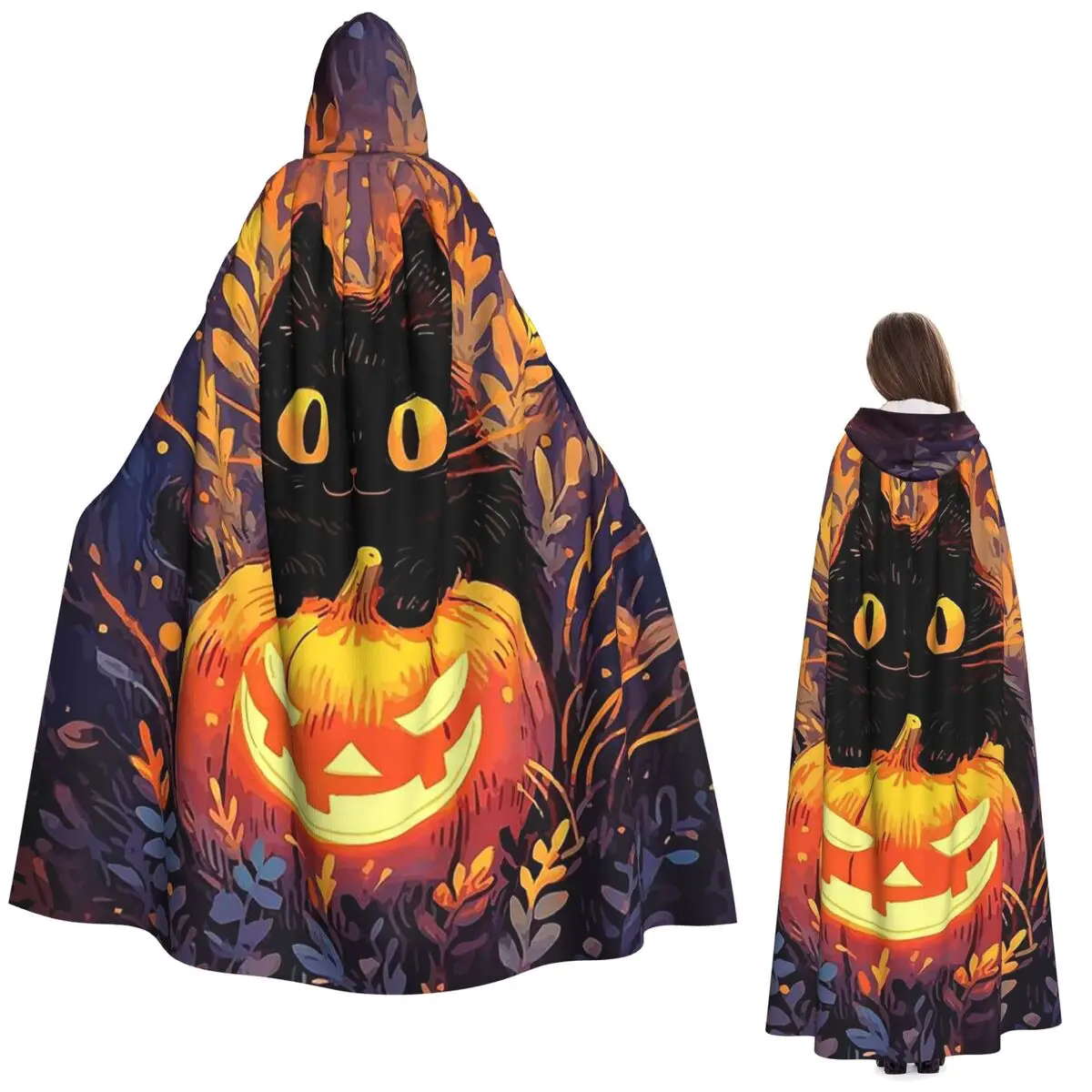 Capa larga con capucha de gatos negros y calabaza para Halloween, disfraz Medieval de bruja, capa de Cosplay, vampiro de Halloween, adulto, Unisex