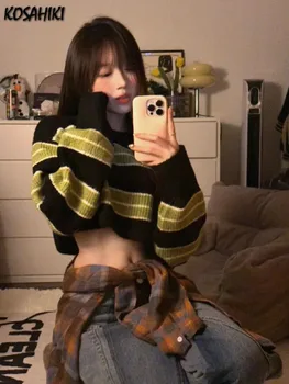 Y2k seksi kız kırpılmış kazak kadınlar ince gevşek çizgili kazak kore moda Harajuku Streetwear Vintage Jumper peri Sueter