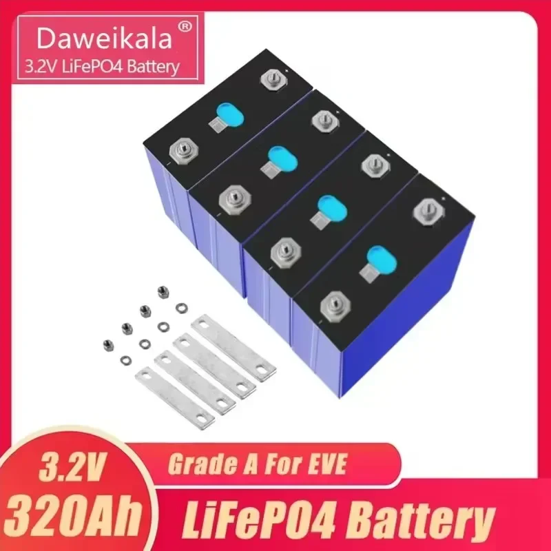 Daweikala 3.2V 320Ah Lifepo4 Battery DIY Solar Panel Power Bank 12V 24V 48V Camping Rechargeable Spare Battery With Busbar